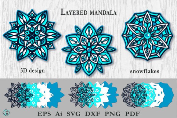 Layered Mandala Snowflakes 3D Design SVG